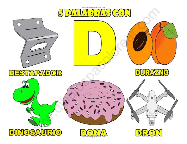 Cinco Palabras con la letra D dibujo a color y para colorear